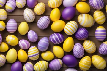 Fototapeta na wymiar Easter holiday celebration banner greeting card - Set collection of colorful yellow purple painted striped easter eggs, isolated on white table texture