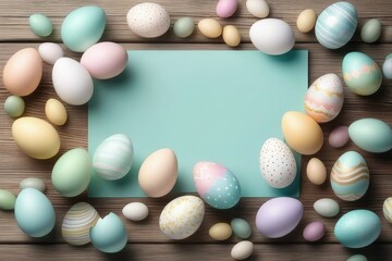 Easter holiday celebration banner greeting card with pastel painted eggs on bright wooden table texture