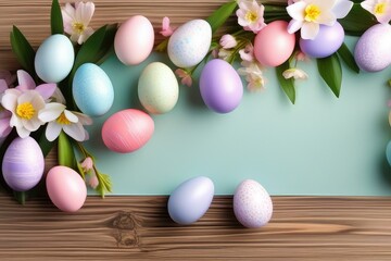 Obraz na płótnie Canvas Easter holiday celebration banner greeting card with pastel painted eggs on bright wooden table texture