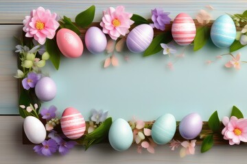 Fototapeta na wymiar Easter holiday celebration banner greeting card with pastel painted eggs on bright wooden table texture