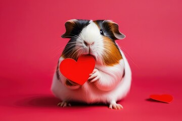 Funny animal Valentines Day, love, wedding celebration concept greeting card - Cute guinea pig holding a red heart, isolated on red background