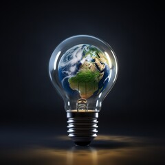 Glass lightbulb with Earth inside on dark background.AI.