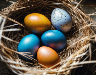 Obraz premium colorful eggs in a bird's nest, closeup view, Easter holiday concept. card, poster, banner, invitation.