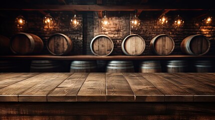 Table background with free space for your wine and background with barrels, empty surface of wooden table in bar with wooden barrels - obrazy, fototapety, plakaty