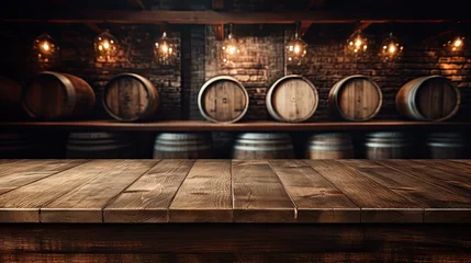 Fotobehang Table background with free space for your wine and background with barrels, empty surface of wooden table in bar with wooden barrels © petrrgoskov
