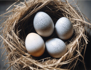 Naklejka na ściany i meble Eggs in a bird's nest, close-up image. 