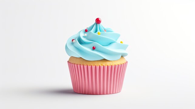 cupcake with blue cream isolated on white background. cupcake in pink paper