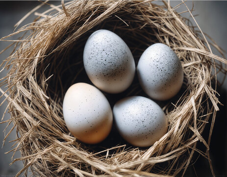 Eggs in a bird's nest, close-up image. 