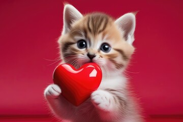 Happy Valentine's Day, Valentines Day, love, celebration concept greeting card with text - Cute baby cat holding a red heart, isolated on red background