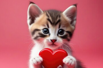 Fototapeta na wymiar Happy Valentine's Day, Valentines Day, love, celebration concept greeting card with text - Cute baby cat holding a red heart, isolated on red background