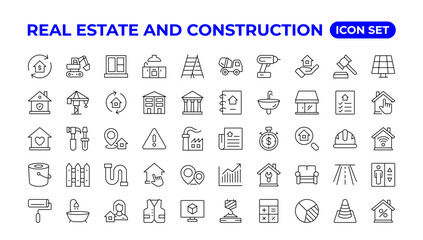 Real Estate and construction icon set. Included the icons as realty, property, home loan and more. Outline icons collection.