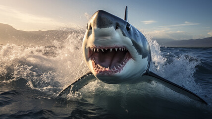 The shark, seen from the front, with its mouth open and sharp teeth visible