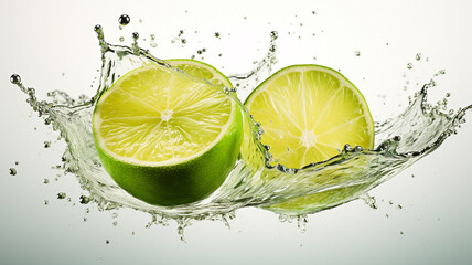 Slices of lime in a splash of water isolated