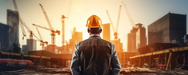 rear view of professional engineer manager standing concentrate focus multi exposure with building construction industry background