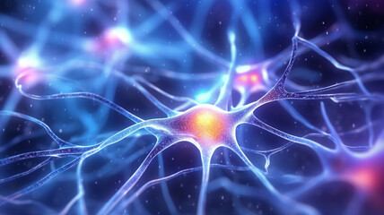 Microscopic view of human brain neurons. - obrazy, fototapety, plakaty