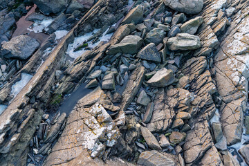 imagen detalle textura suelo rocoso, con distintas grietas y profundidades y algún pequeño charco de agua 