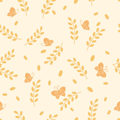 Seamless pattern with rice plant, seed, and butterfly cartoons on yellow background vector.