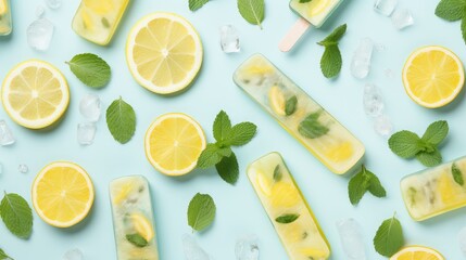 Homemade popsicles with fresh lemons on colored background. Generative AI