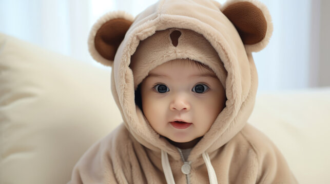 An adorable infant wearing a bear costume,  looking sweet and snug