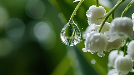 White flowers Lilly of The Valley with rain water drops in garden. Lily of the valley (Lily-of-the-valley) white small fragrant flowers in green leaves. Convallaria majalis woodland flowering plant. - obrazy, fototapety, plakaty