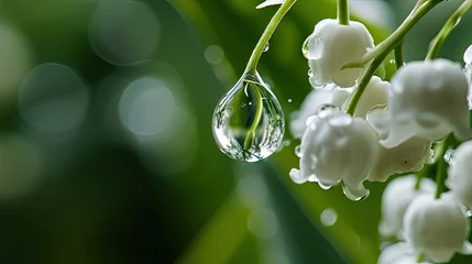 Poster White flowers Lilly of The Valley with rain water drops in garden. Lily of the valley (Lily-of-the-valley) white small fragrant flowers in green leaves. Convallaria majalis woodland flowering plant. © petrrgoskov