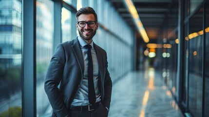Confident Businessman. Full-Body Shot with a Genuine Smile in the Modern Office Corridor, Blurred Background Adds a Professional Touch.