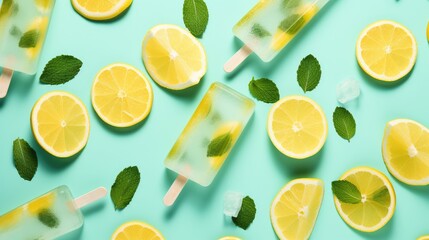 Homemade popsicles with fresh lemons on colored background. Generative AI