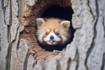 red panda peeking from tree hole
