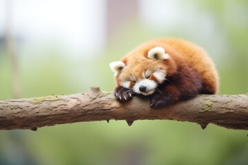 fluffy red panda napping on branch