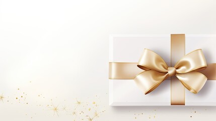 Obraz na płótnie Canvas Gift certificate, Voucher or Invitation or gift box template with luxurious gold bow, ribbon on white textured background. Premium class design for holiday Gift card