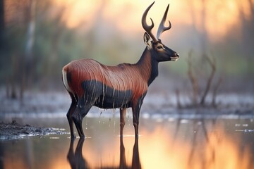 dew-covered sable antelope at dawn - obrazy, fototapety, plakaty