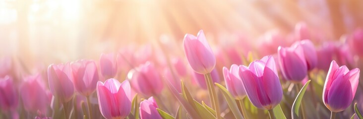 Obraz premium Dawn's Gentle Kiss on Blushing Pink Tulips by the Lake. Generative AI