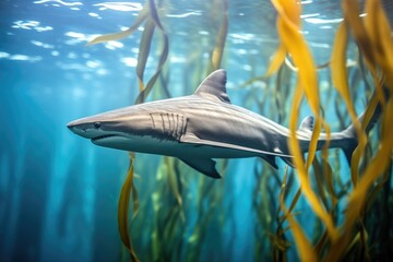 tiger shark roaming through kelp forest - obrazy, fototapety, plakaty