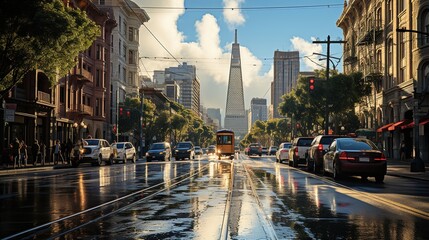 San Francisco street with cable car and cars in the rain