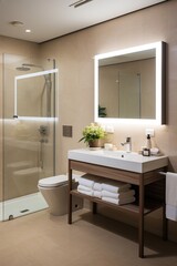 Fototapeta na wymiar Modern bathroom interior with beige tiles and large mirror