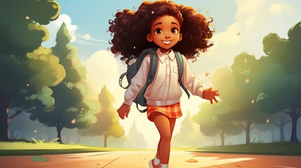 Obraz na płótnie Canvas Little Girl with Curly Hair Happily Going to School