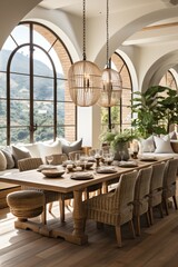 Fototapeta na wymiar Rustic Modern Dining Room With Large Windows