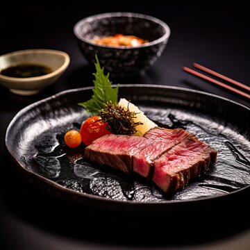 Takeshi Mizukoshi professional close-up food photography of wagyu beef served on an expensive Japanese style ceramic plate, high-end Japanese restaurant, studio lighting, unsplash