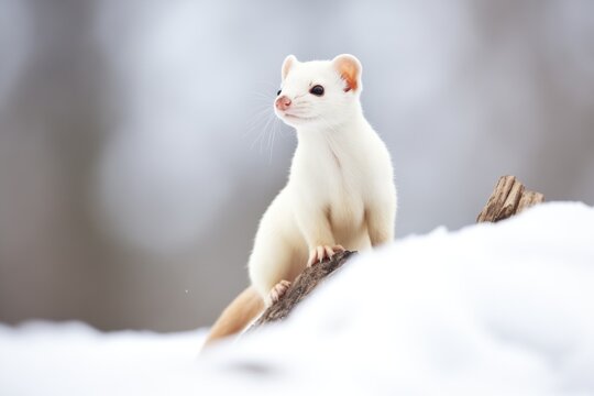 white stoat poised alertly on snow