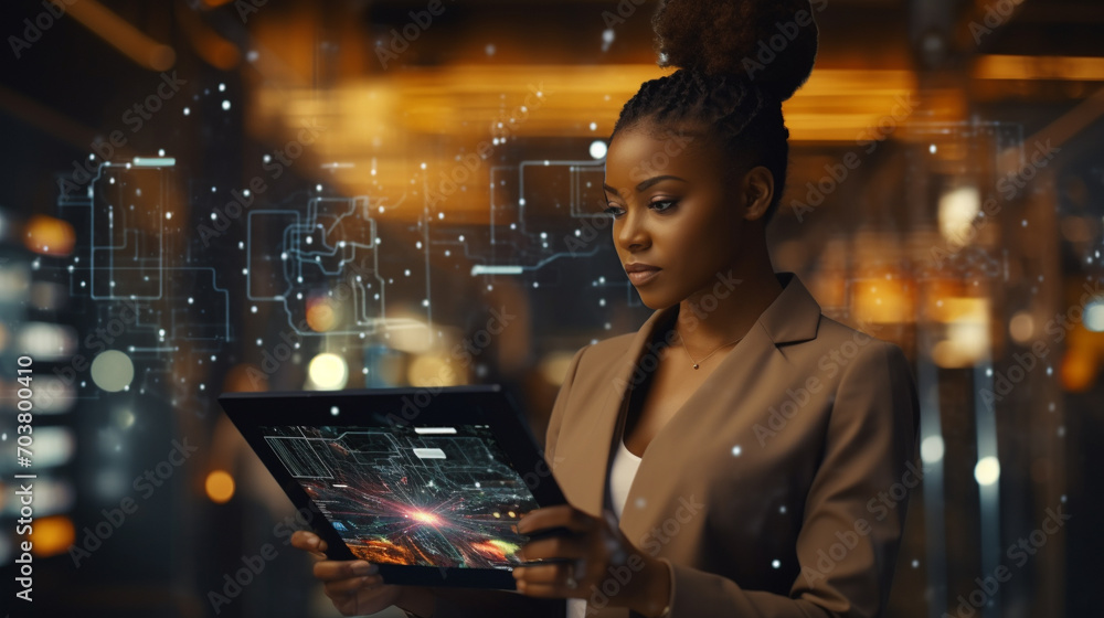 Wall mural black woman with tablet. innovation, research and programming in future information technology.. dev