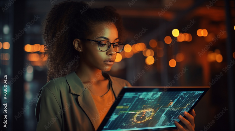 Wall mural black woman with tablet. innovation, research and programming in future information technology.. dev