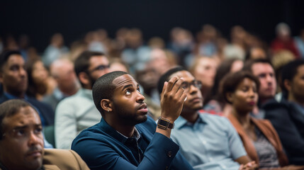 Confident black businessman. Black business man as a seminar attendee asking question while sitting in audience. - obrazy, fototapety, plakaty