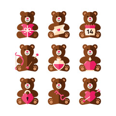 Valentine's day design elements. Cute teddy bear in colorful  modern geometric style. Valentines cartoon vector illustration for card decoration. Love, heart icon symbol for Vday. Valentine ornament.