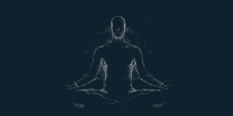 Binary praying figure. Digital belief. Cyber meditation. AI religion