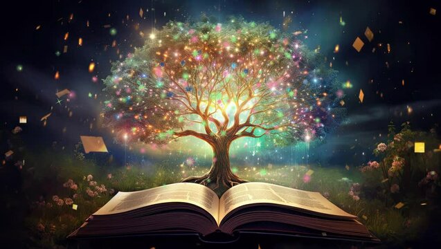 green planet concept - green tree growing form book with power lines, lights around