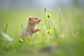 young vole exploring near a dandelion in field