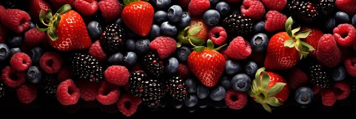 Background of bright colorful ripe berries and fresh fruits in an attractive composition, top view. Background of ripe strawberries, raspberries, blackberries, blueberries, top view.