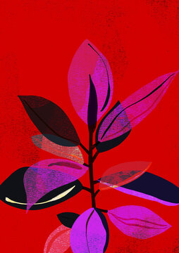 Vibrant red background with colorful plant. Hand drawn abstract art
