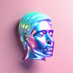 3D Illustration of a Female Face in a Futuristic Style. 3d rendering of a female head with closed eyes in colorful neon light. Neon sculpture of a woman's face. 3d illustration.