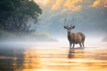 waterbuck in misty river landscape at dawn